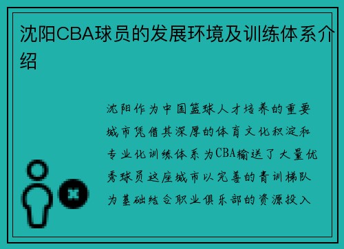沈阳CBA球员的发展环境及训练体系介绍
